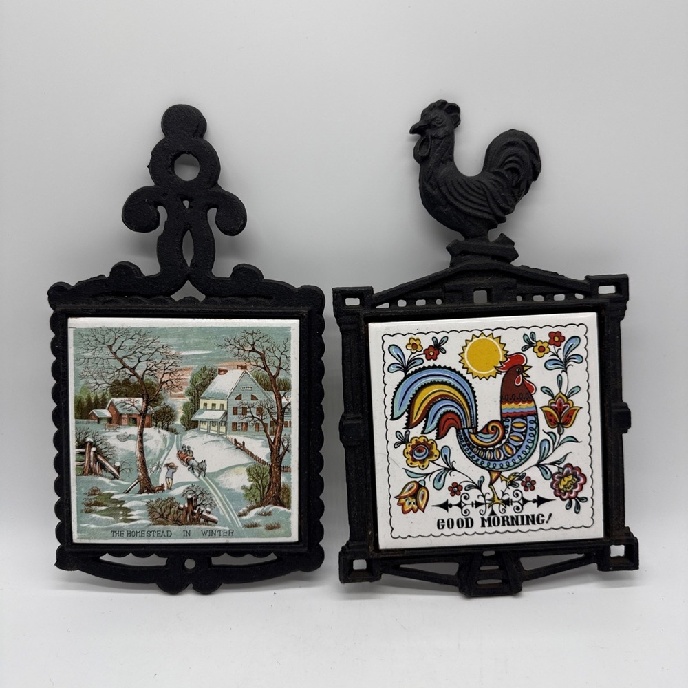 Cast Iron Ceramic Vintage Trivet 70s Tile Rooster & Winter Homestead Grandmacore